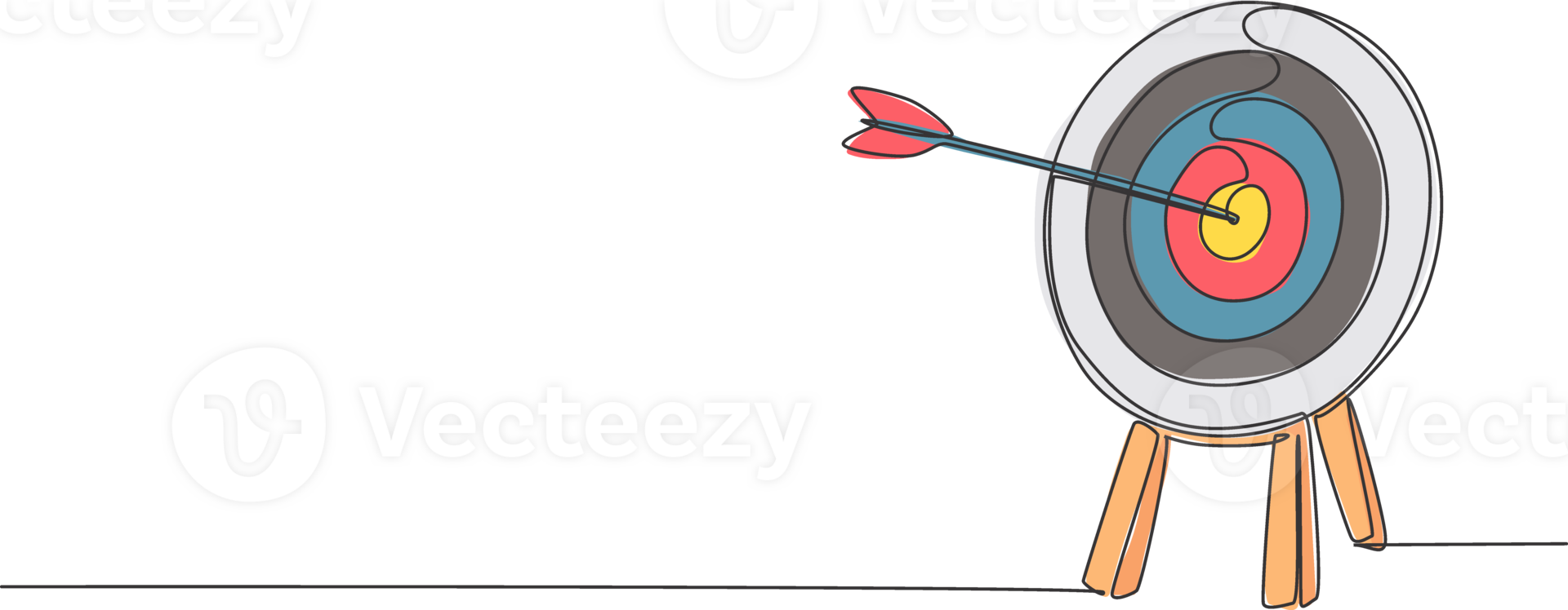 One continuous line drawing of arrow was shot bullseye to archery target board. Archery sport equipment concept. Dynamic single line draw design graphic illustration png