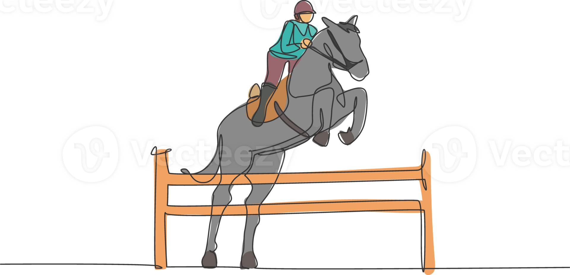 1 solteiro linha desenhando jovem cavalo cavaleiro homem realizando adestramento pulando a obstáculo teste ilustração gráfico. equestre esporte mostrar concorrência conceito. moderno contínuo linha desenhar Projeto png
