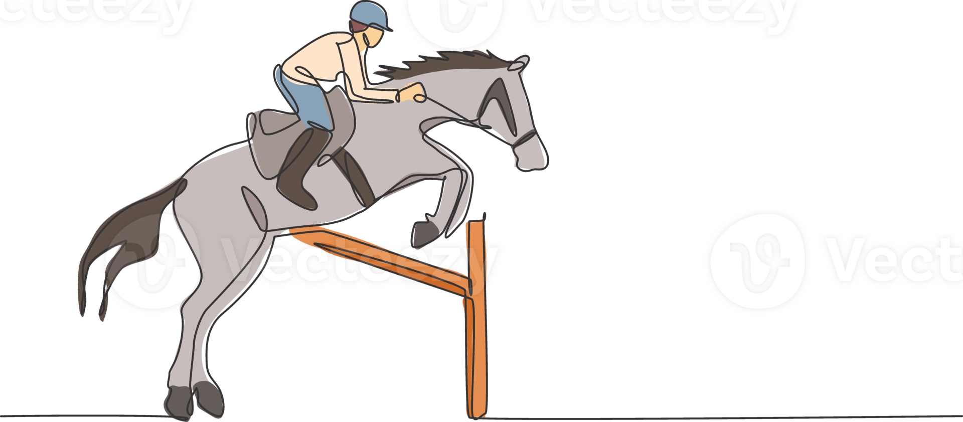 One single line drawing of young horse rider man performing dressage jumping the hurdle test illustration graphic. Equestrian sport show competition concept. Modern continuous line draw design png