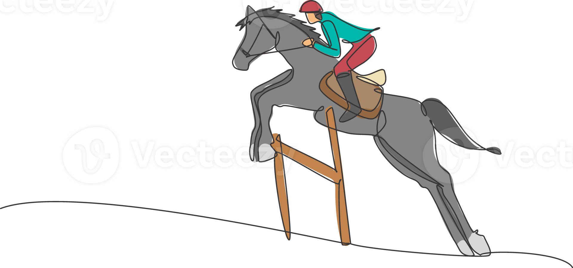 single doorlopend lijn tekening van jong professioneel te paard rijder jumping met een paard over- de horde. ruiter sport opleiding werkwijze concept. modieus een lijn trek ontwerp illustratie png
