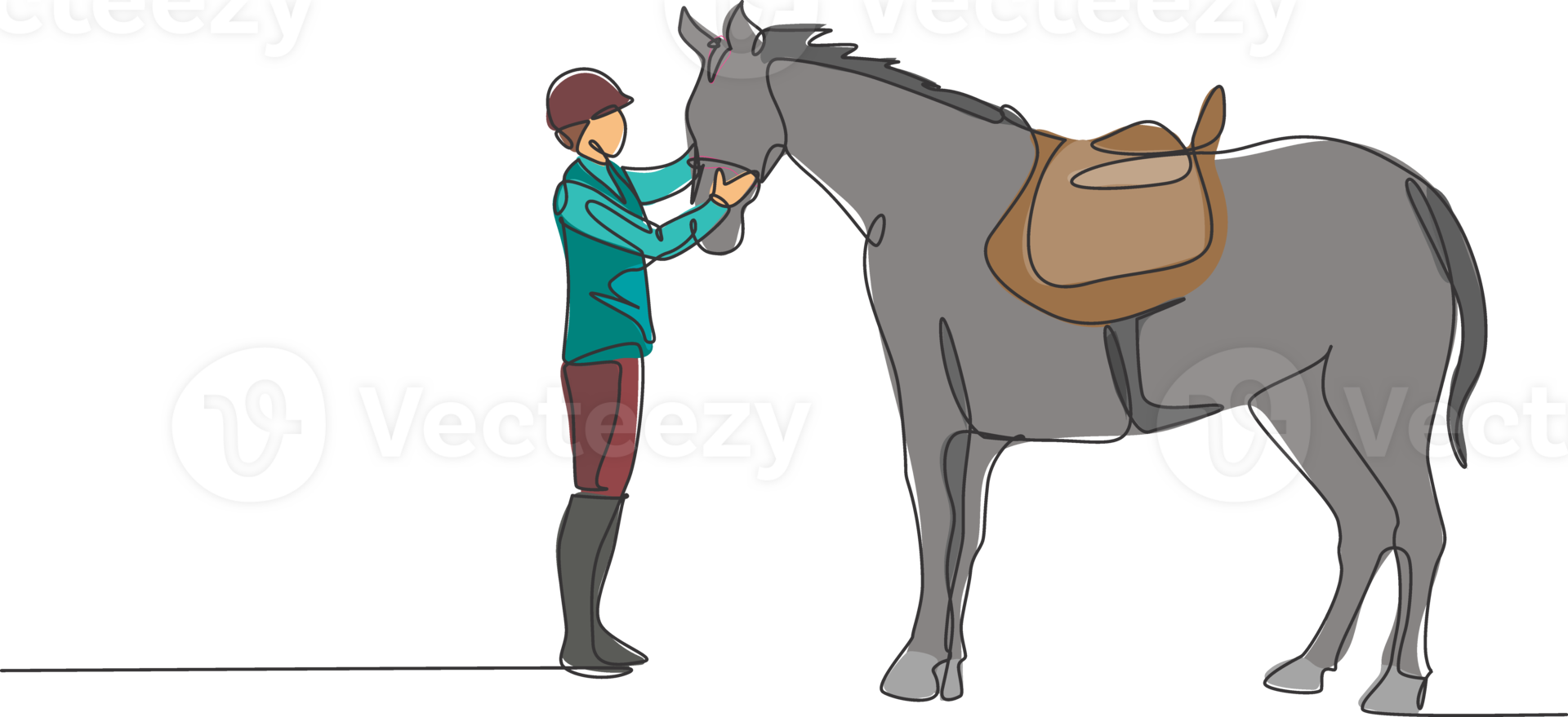 Single continuous line drawing of young professional horseback rider talking wit a horse at the stables. Equestrian sport training process concept. Trendy one line draw design illustration png