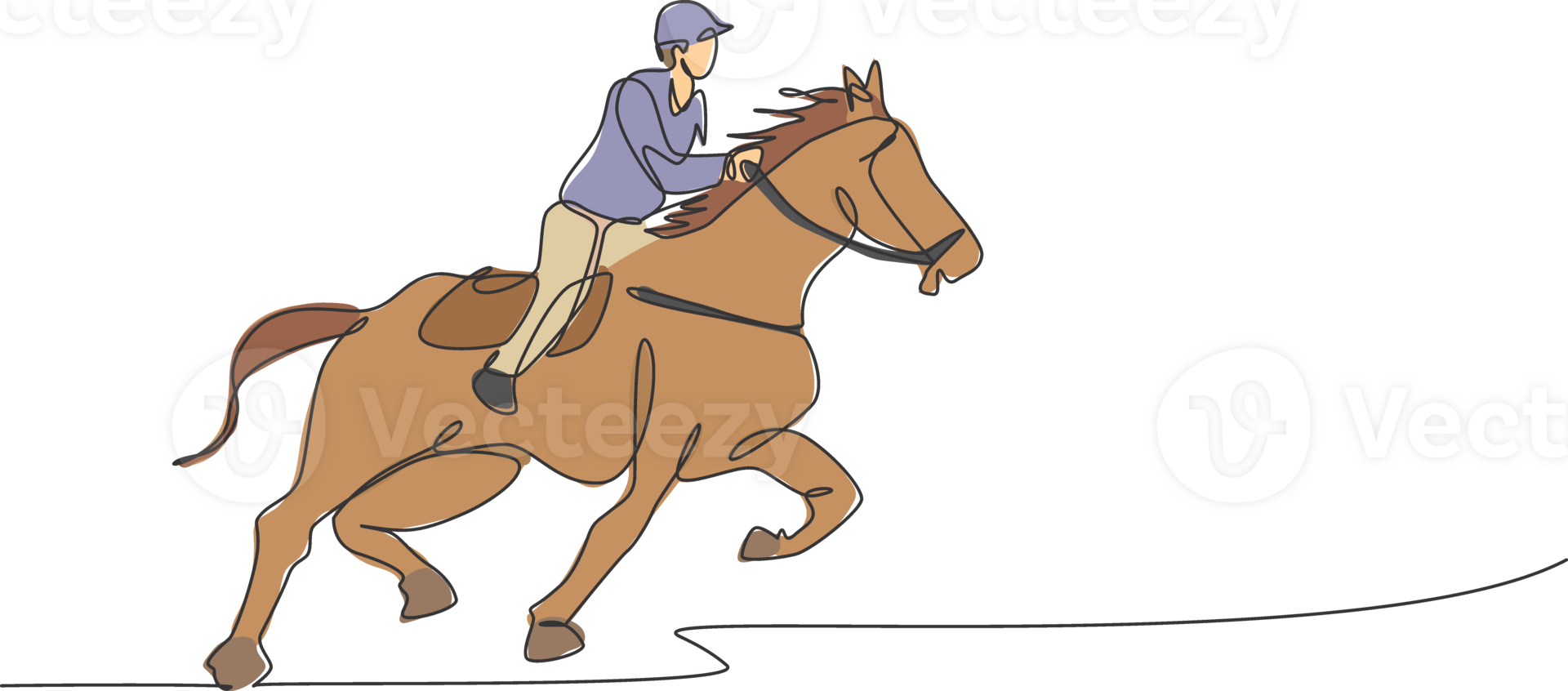 Célibataire continu ligne dessin de Jeune professionnel à cheval cavalier fonctionnement avec une cheval autour le écuries. équestre sport formation processus concept. branché un ligne dessiner conception illustration png