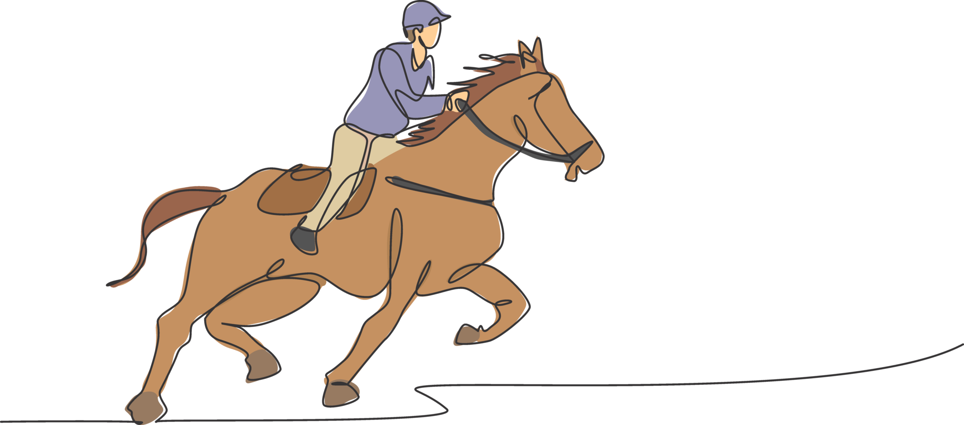 Single continuous line drawing of young professional horseback rider