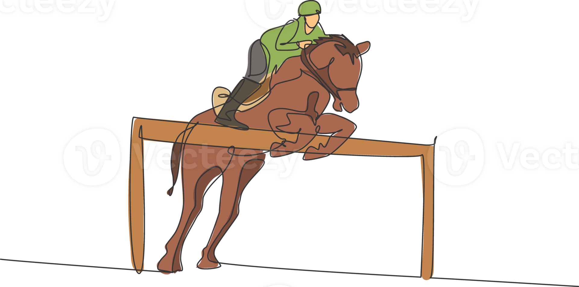 un Célibataire ligne dessin de Jeune cheval cavalier homme performant dressage sauter le barrière tester illustration graphique. équestre sport spectacle compétition concept. moderne continu ligne dessiner conception png