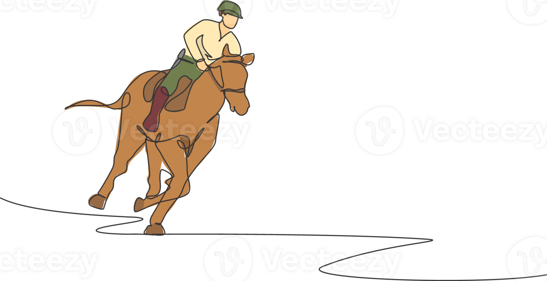 Single kontinuierlich Linie Zeichnung von jung Fachmann zu Pferd Fahrer Laufen mit ein Pferd um das Stallungen. Pferdesport Sport Ausbildung Prozess Konzept. modisch einer Linie zeichnen Design Illustration png