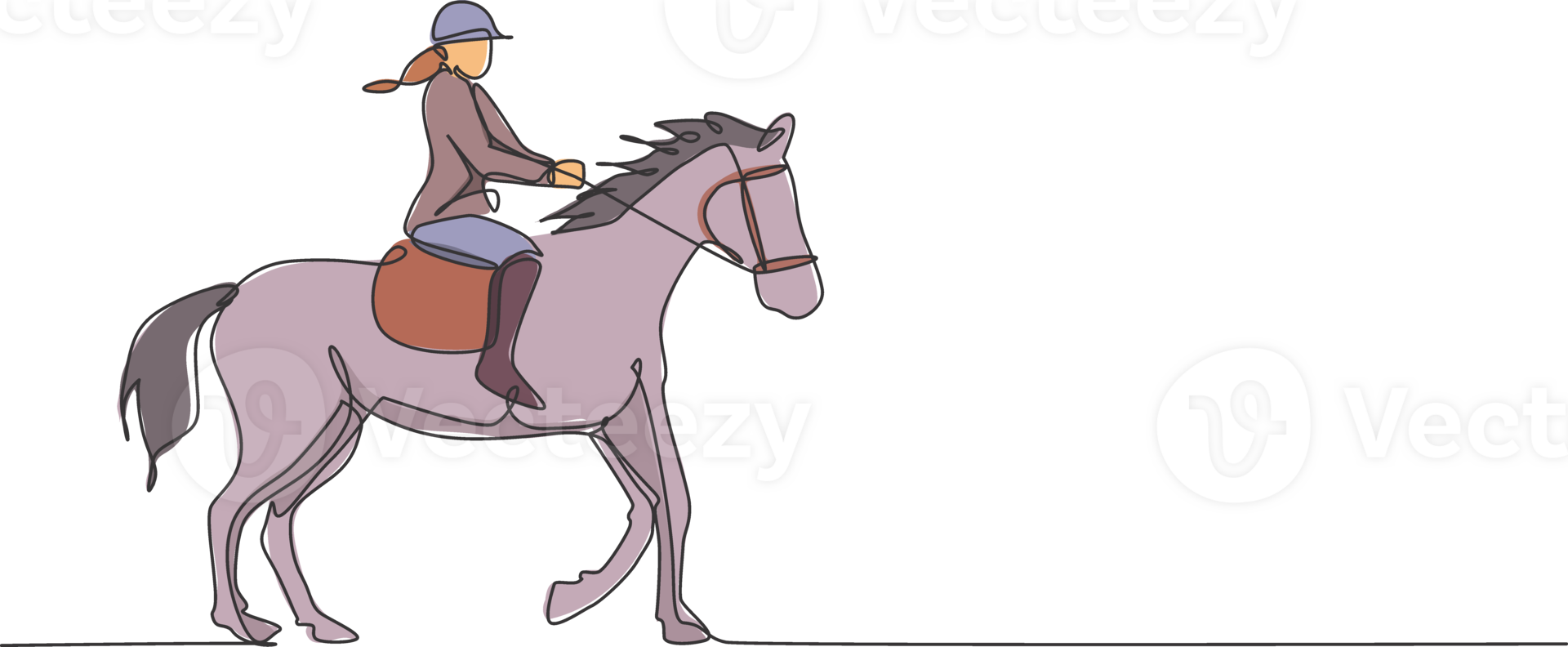 single doorlopend lijn tekening van jong professioneel te paard rijder wandelen met een paard in de omgeving van de stallen. ruiter sport opleiding werkwijze concept. modieus een lijn trek ontwerp illustratie png
