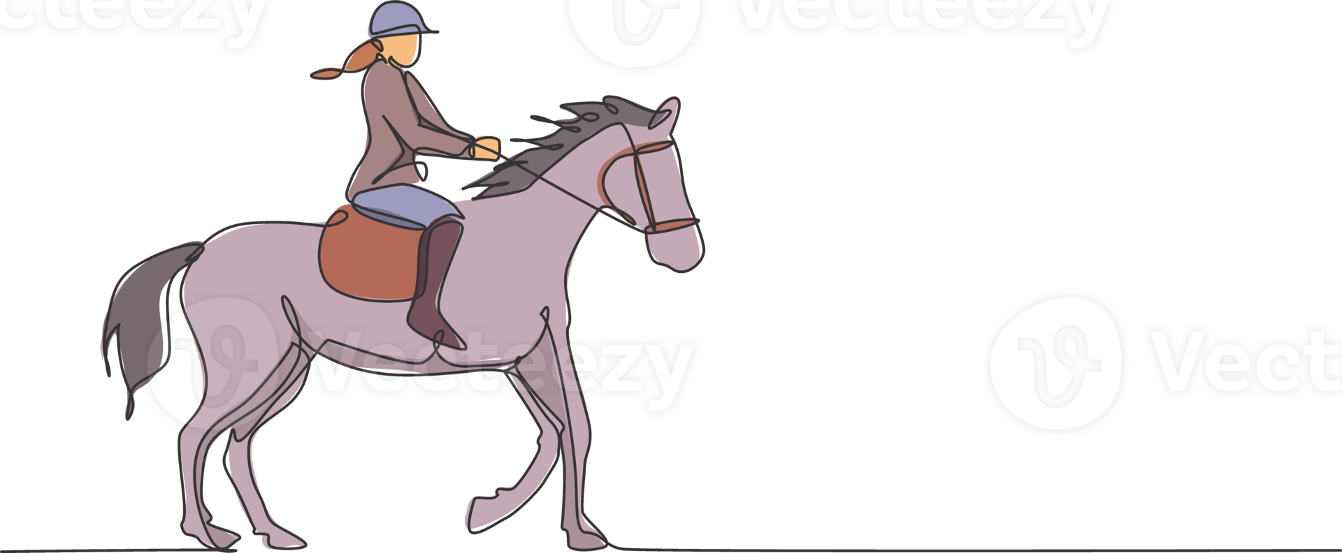 Single continuous line drawing of young professional horseback rider walking with a horse around the stables. Equestrian sport training process concept. Trendy one line draw design illustration png