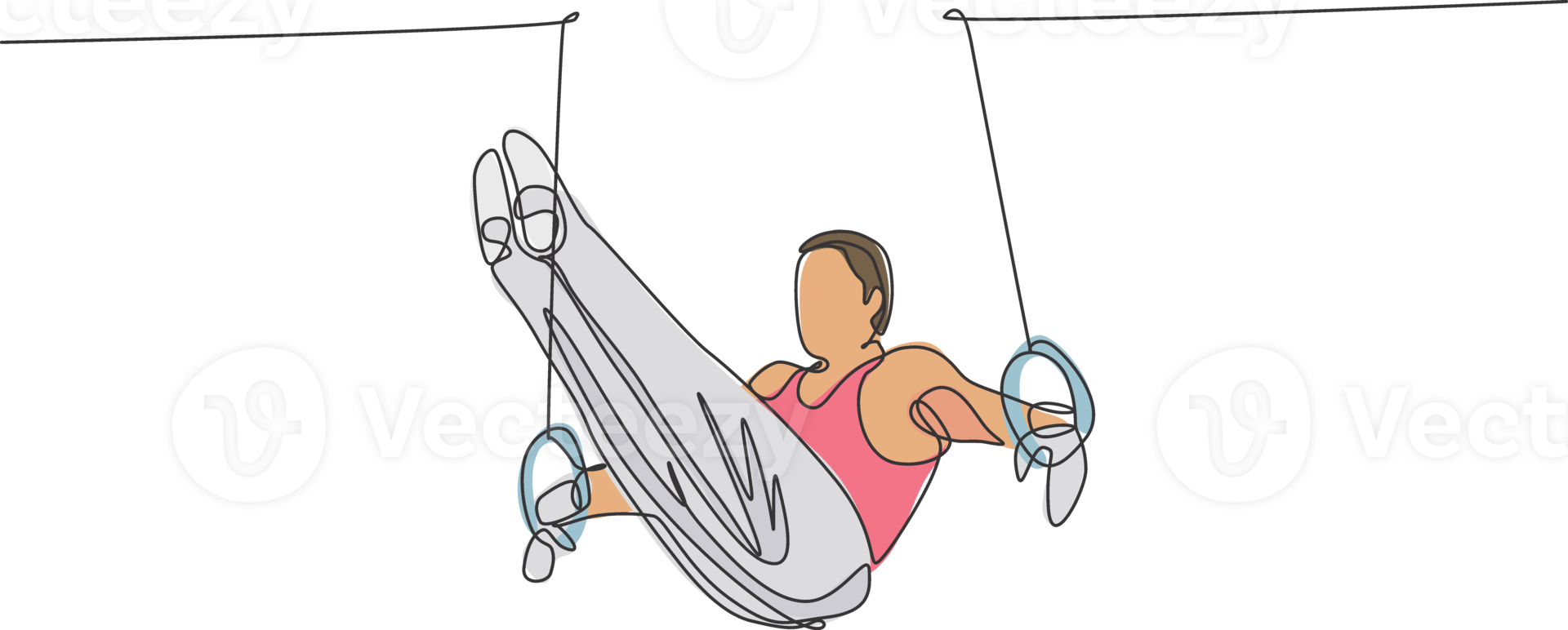Single continuous line drawing young handsome professional gymnast man perform acrobatic motion. Steady rings training and stretching concept. Trendy one line draw design illustration graphic png