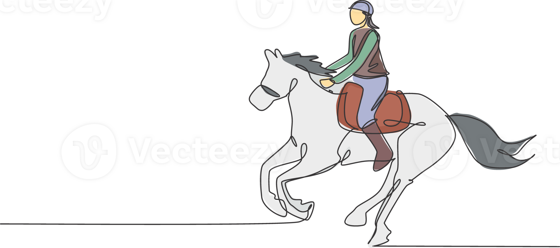 solteiro contínuo linha desenhando do jovem profissional a cavalo cavaleiro corrida com uma cavalo por aí a estábulos. equestre esporte Treinamento processo conceito. na moda 1 linha desenhar Projeto ilustração png