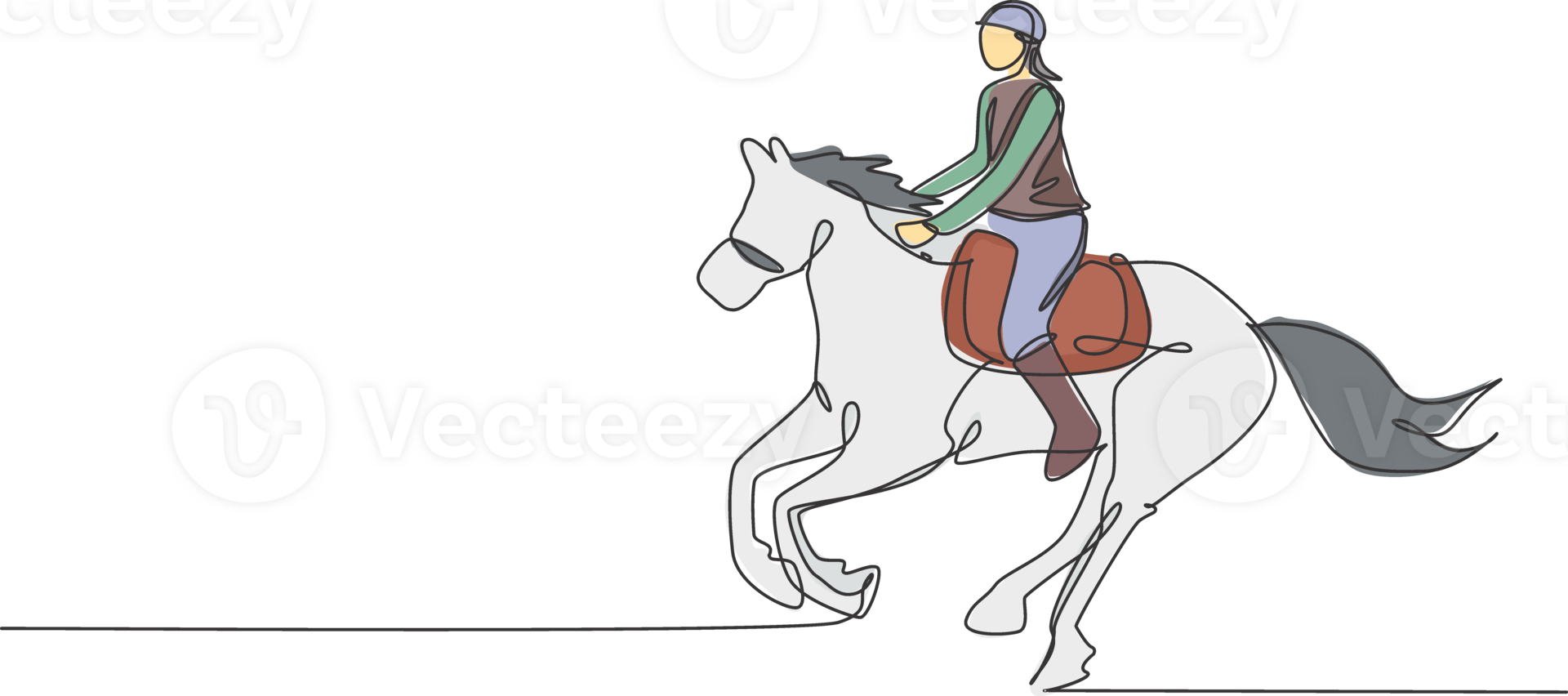 single doorlopend lijn tekening van jong professioneel te paard rijder rennen met een paard in de omgeving van de stallen. ruiter sport opleiding werkwijze concept. modieus een lijn trek ontwerp illustratie png