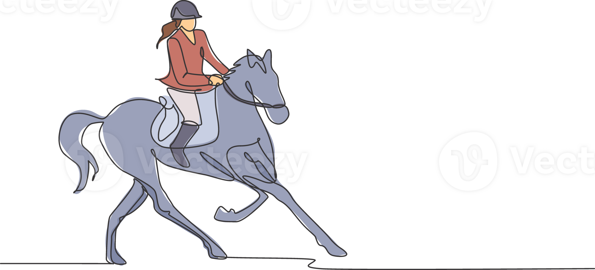 One continuous line drawing of young horse rider woman in action. Equine run training at racing track. Equestrian sport competition concept. Dynamic single line draw design illustration graphic png