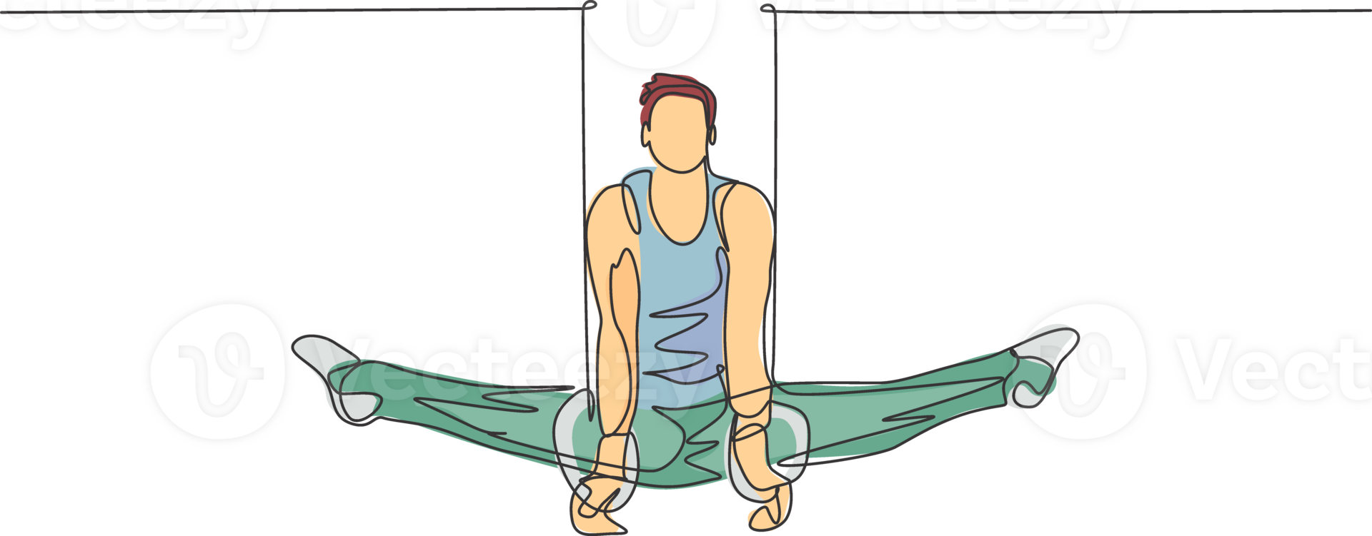 One single line drawing of young handsome gymnast man exercising steady rings graphic illustration. Healthy lifestyle and athletic sport concept. Modern continuous line draw design png