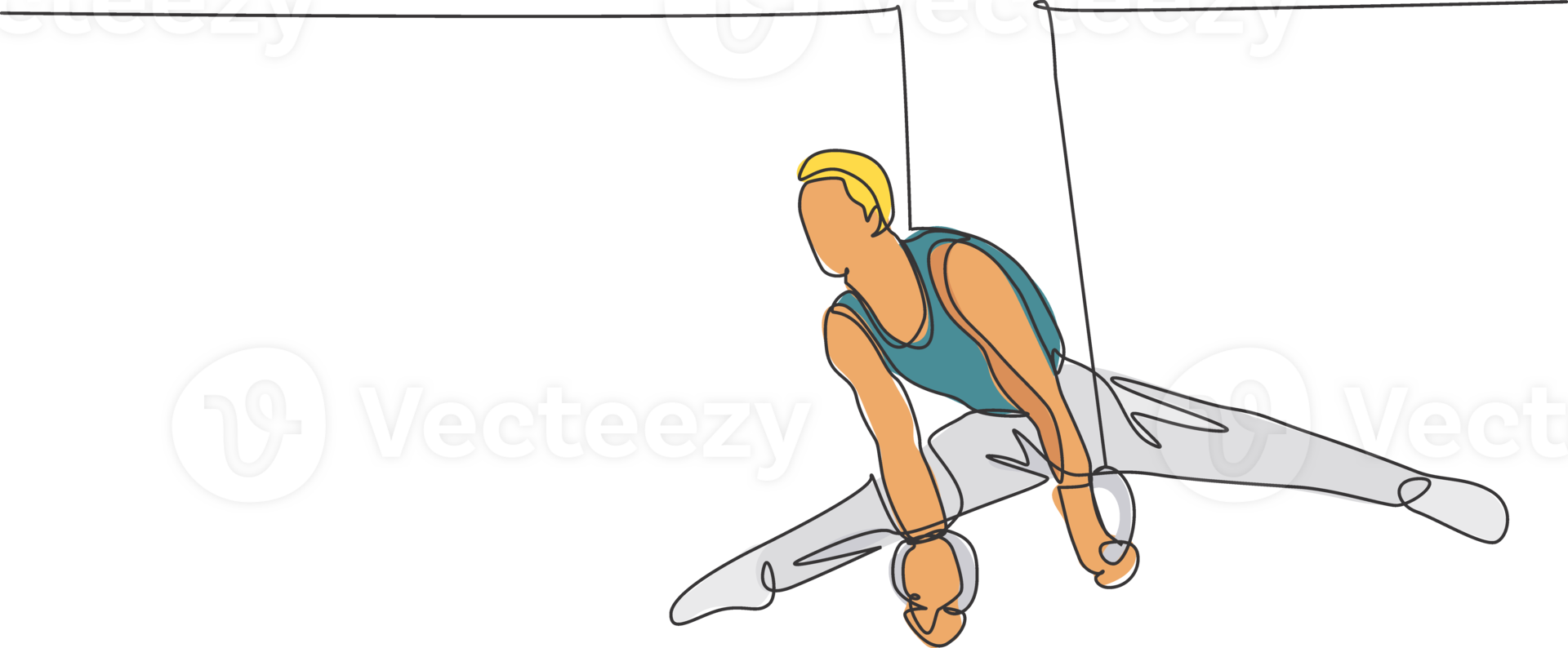 One continuous line drawing of young man exercising steady rings at gymnastic. Gymnast athlete in leotard. Healthy sport and active concept. Dynamic single line draw design illustration graphic png