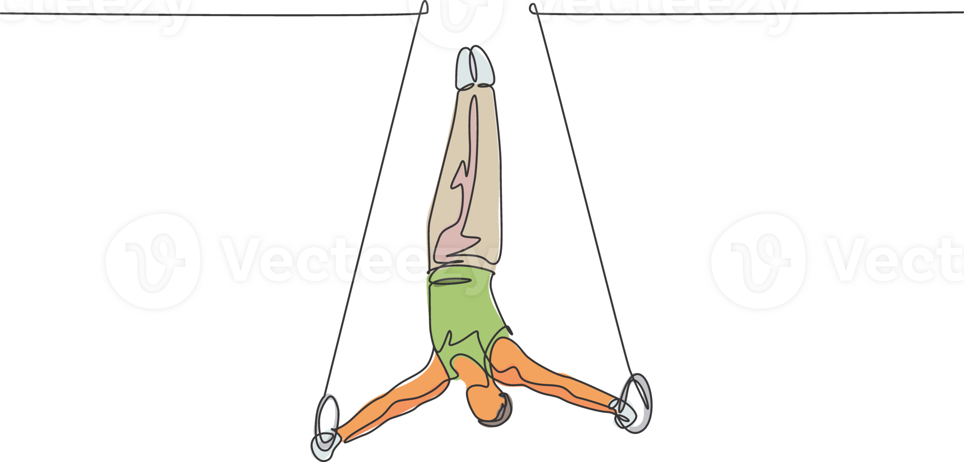 One continuous line drawing of young man exercising steady rings at gymnastic. Gymnast athlete in leotard. Healthy sport and active concept. Dynamic single line draw design illustration graphic png