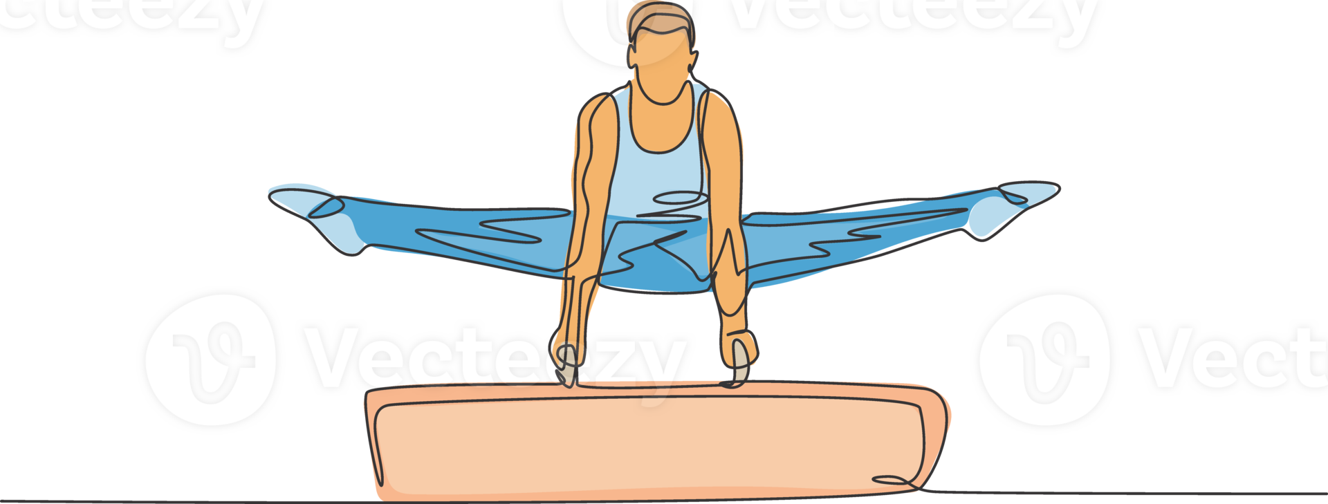 One continuous line drawing of young man exercising pommel horse at gymnastic. Gymnast athlete in leotard. Healthy sport and active concept. Dynamic single line draw graphic design illustration png