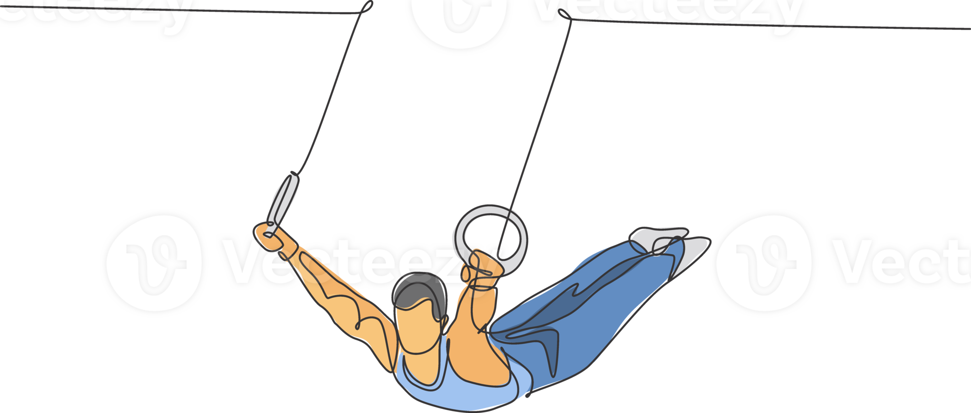 Single continuous line drawing young handsome professional gymnast man perform acrobatic motion. Steady rings training and stretching concept. Trendy one line draw design graphic illustration png