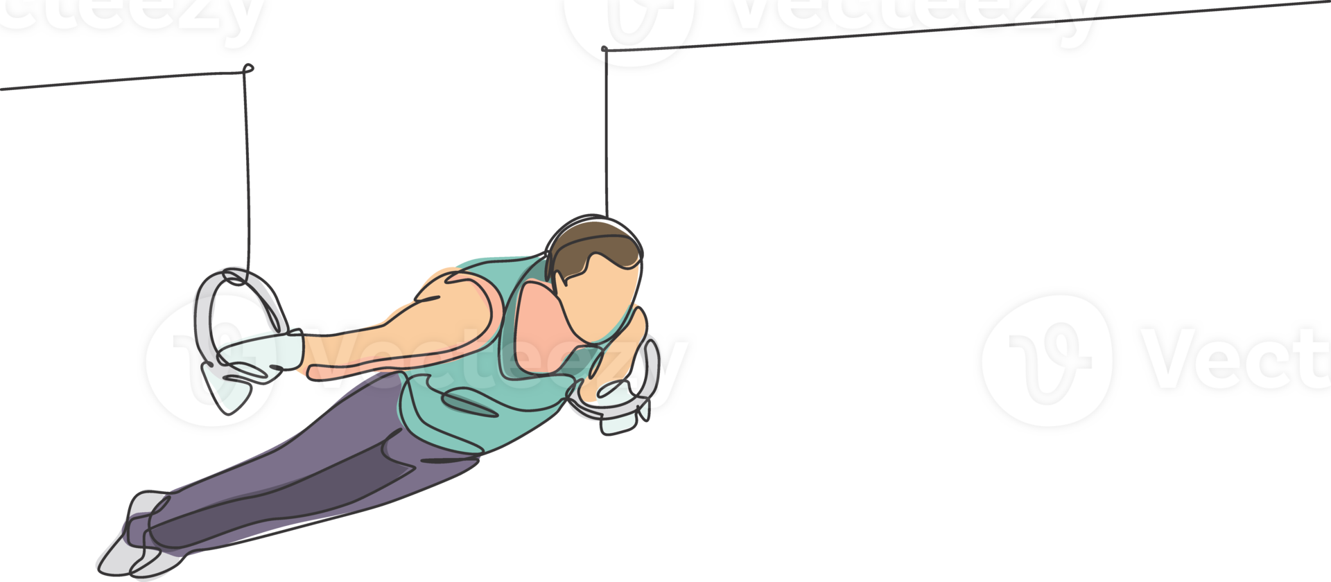 One single line drawing of young handsome gymnast man exercising steady rings graphic illustration. Healthy lifestyle and athletic sport concept. Modern continuous line draw design png