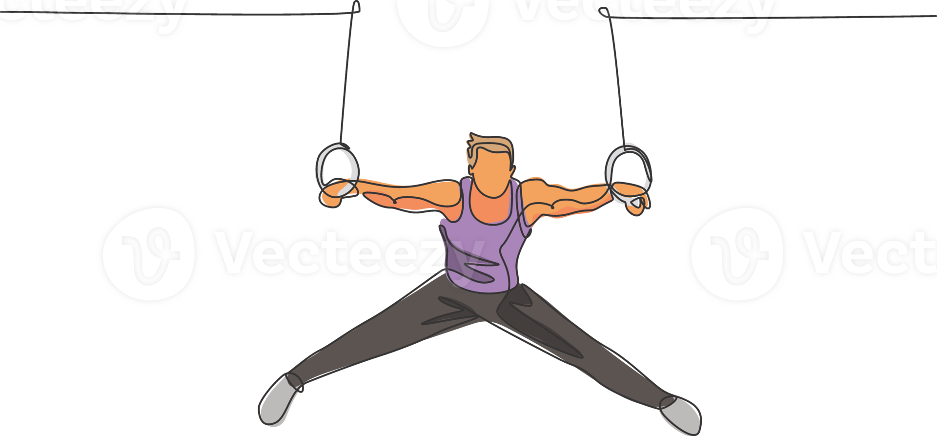 One continuous line drawing of young man exercising steady rings at gymnastic. Gymnast athlete in leotard. Healthy sport and active concept. Dynamic single line draw design illustration graphic png