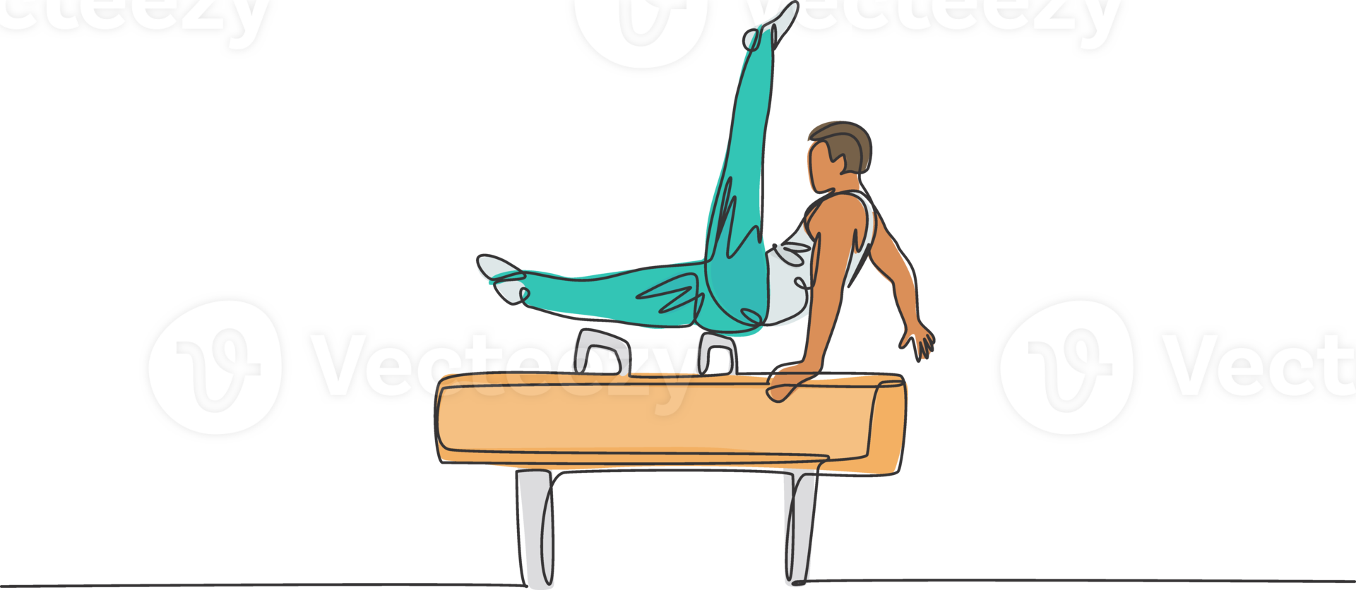 One single line drawing of young handsome gymnast man exercising pommel horse graphic illustration. Healthy lifestyle and athletic sport concept. Modern continuous line draw design png