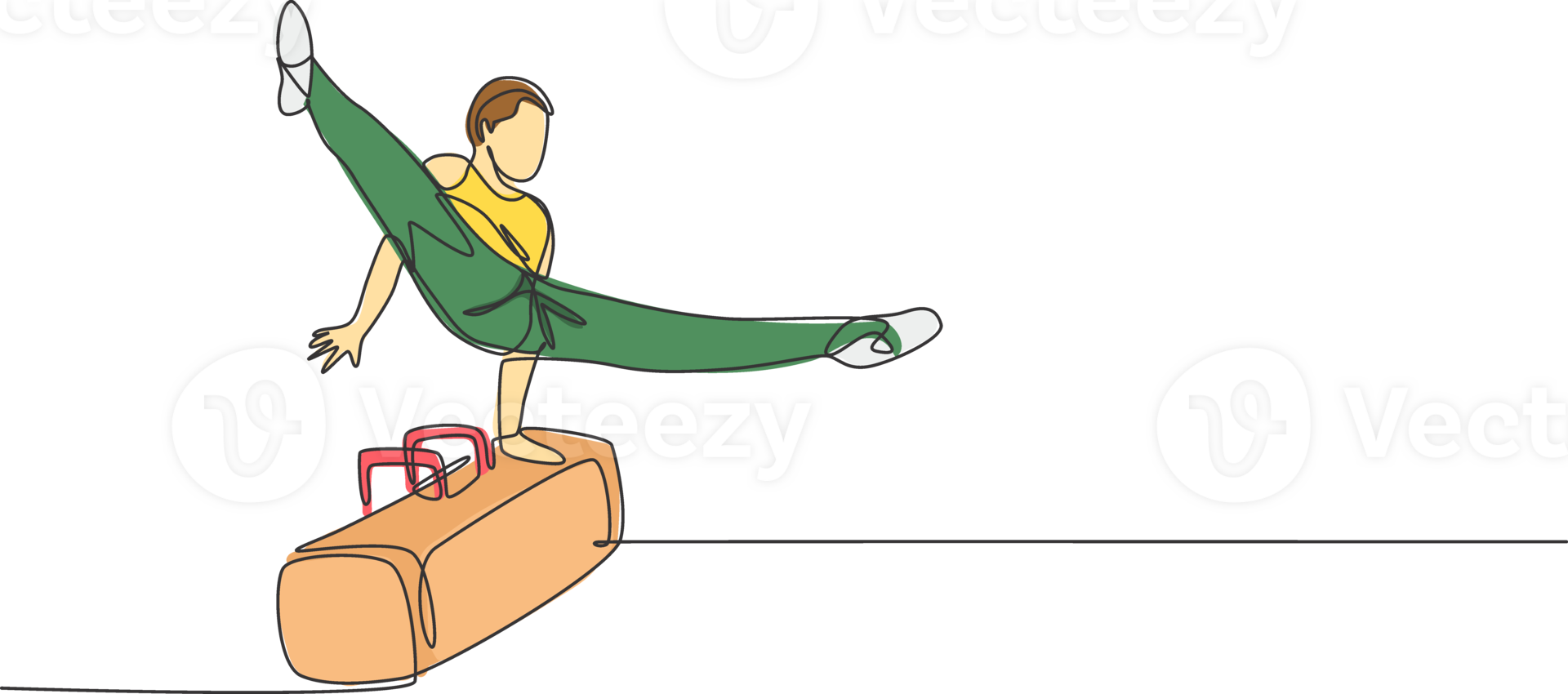 One continuous line drawing of young man exercising pommel horse at gymnastic. Gymnast athlete in leotard. Healthy sport and active concept. Dynamic single line draw design graphic illustration png