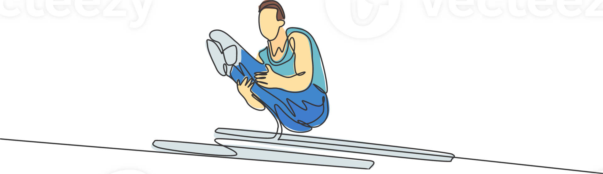 Single continuous line drawing young handsome professional gymnast man perform acrobatic motion. Parallel bars training and stretching concept. Trendy one line draw design illustration graphic png