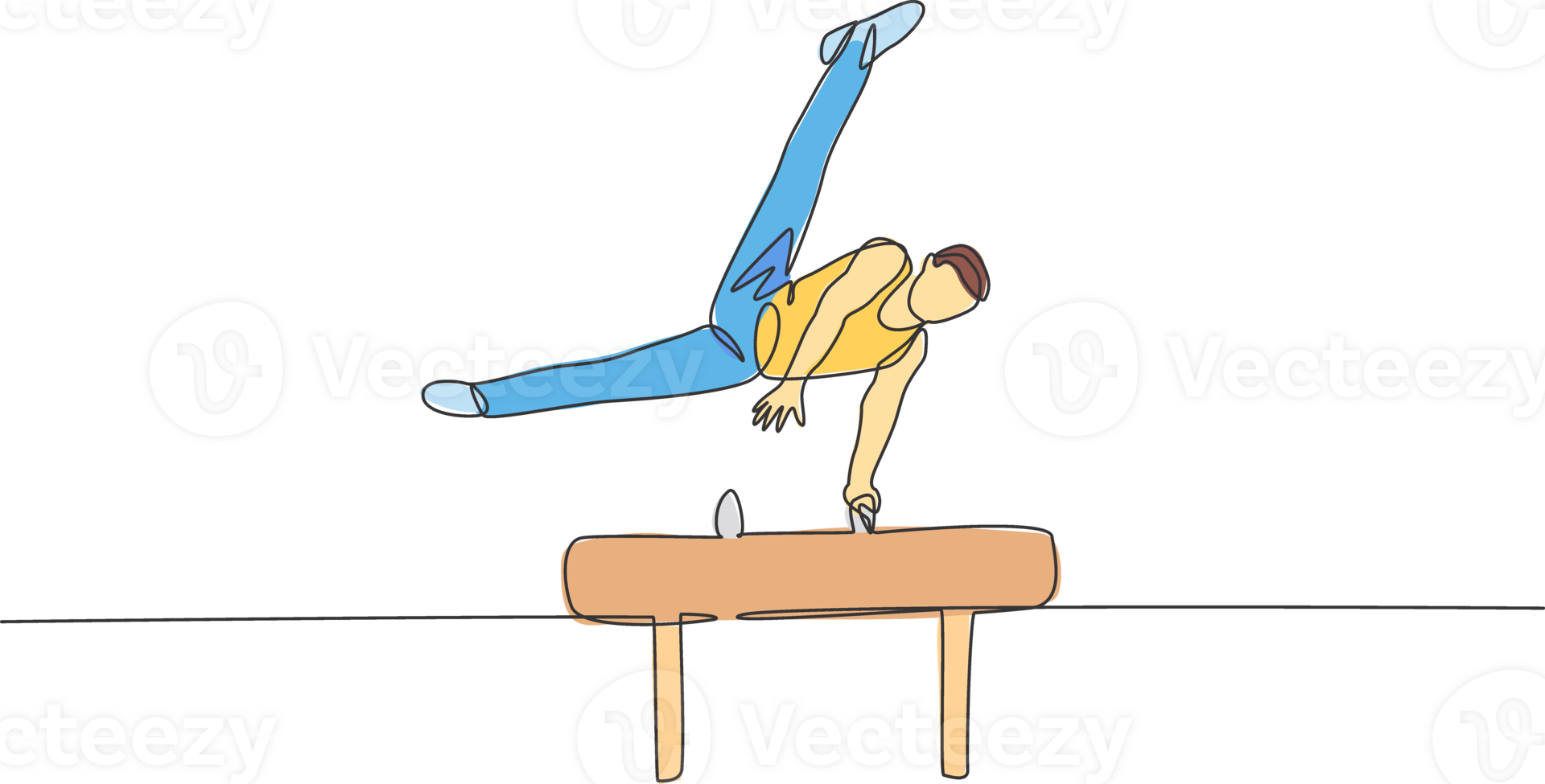 One continuous line drawing of young man exercising pommel horse at gymnastic. Gymnast athlete in leotard. Healthy sport and active concept. Dynamic single line draw design illustration graphic png