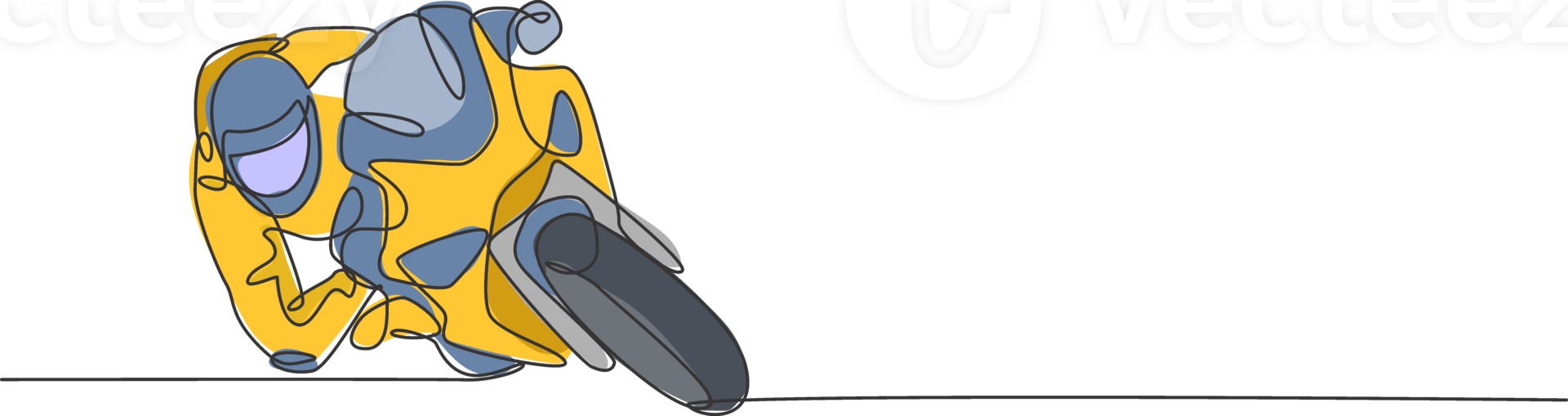 One single line drawing of young biker practice leaning into fast corner at race track illustration. Superbike racing concept. Modern continuous line draw design for motor racer event banner png