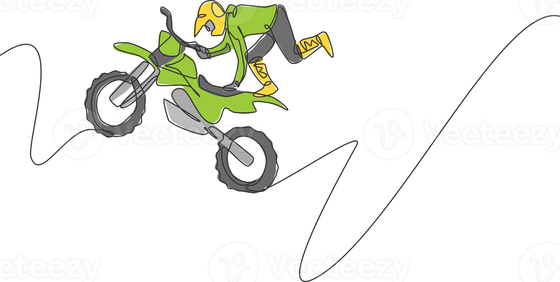 One continuous line drawing of young motocross rider acrobatic flying jump into the air. Extreme sport concept. Dynamic single line draw design illustration for motocross competition poster png