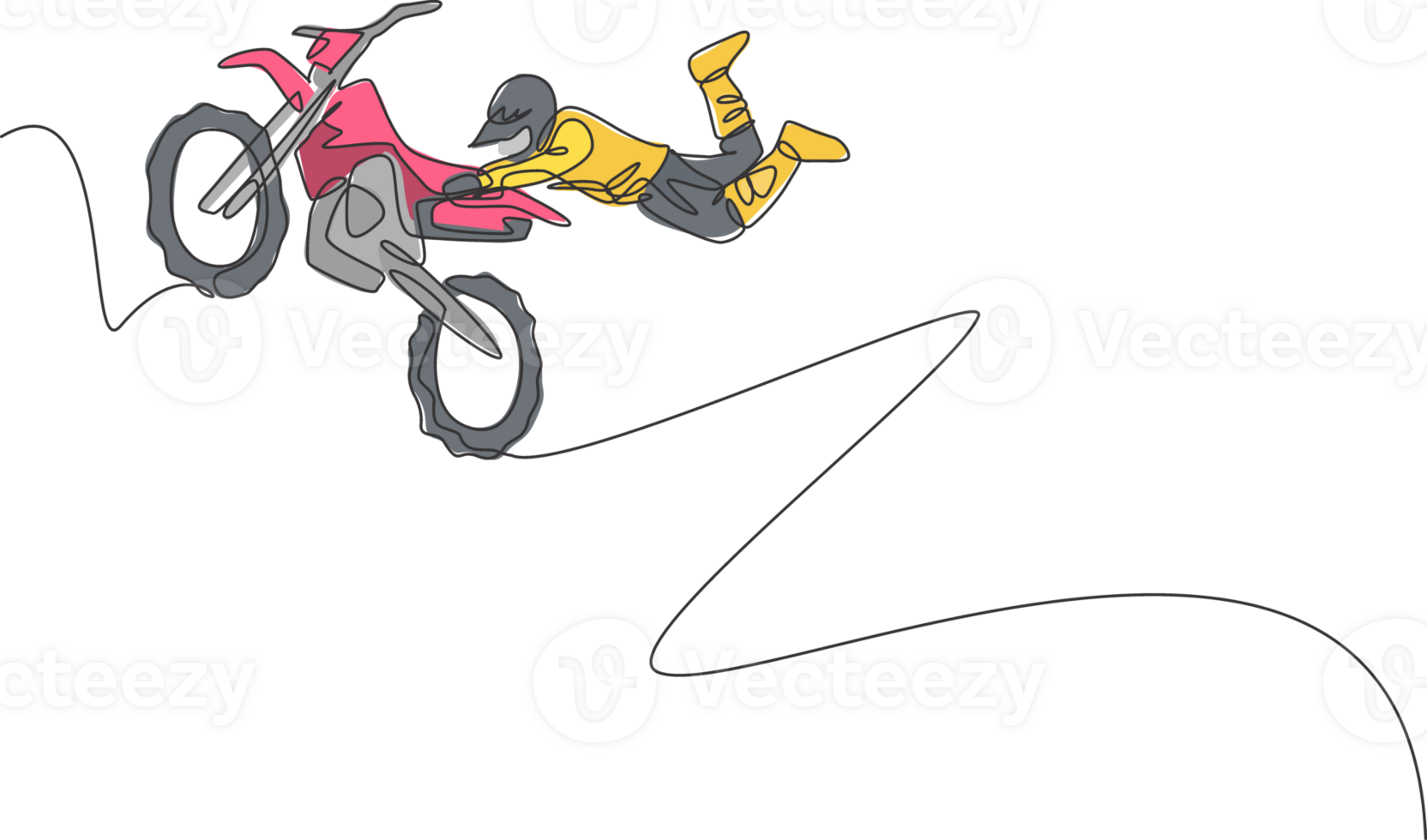 Single continuous line drawing of young motocross rider acrobatic flying with his bike. Extreme sport race concept illustration. Trendy one line draw design for motocross event promotion media png
