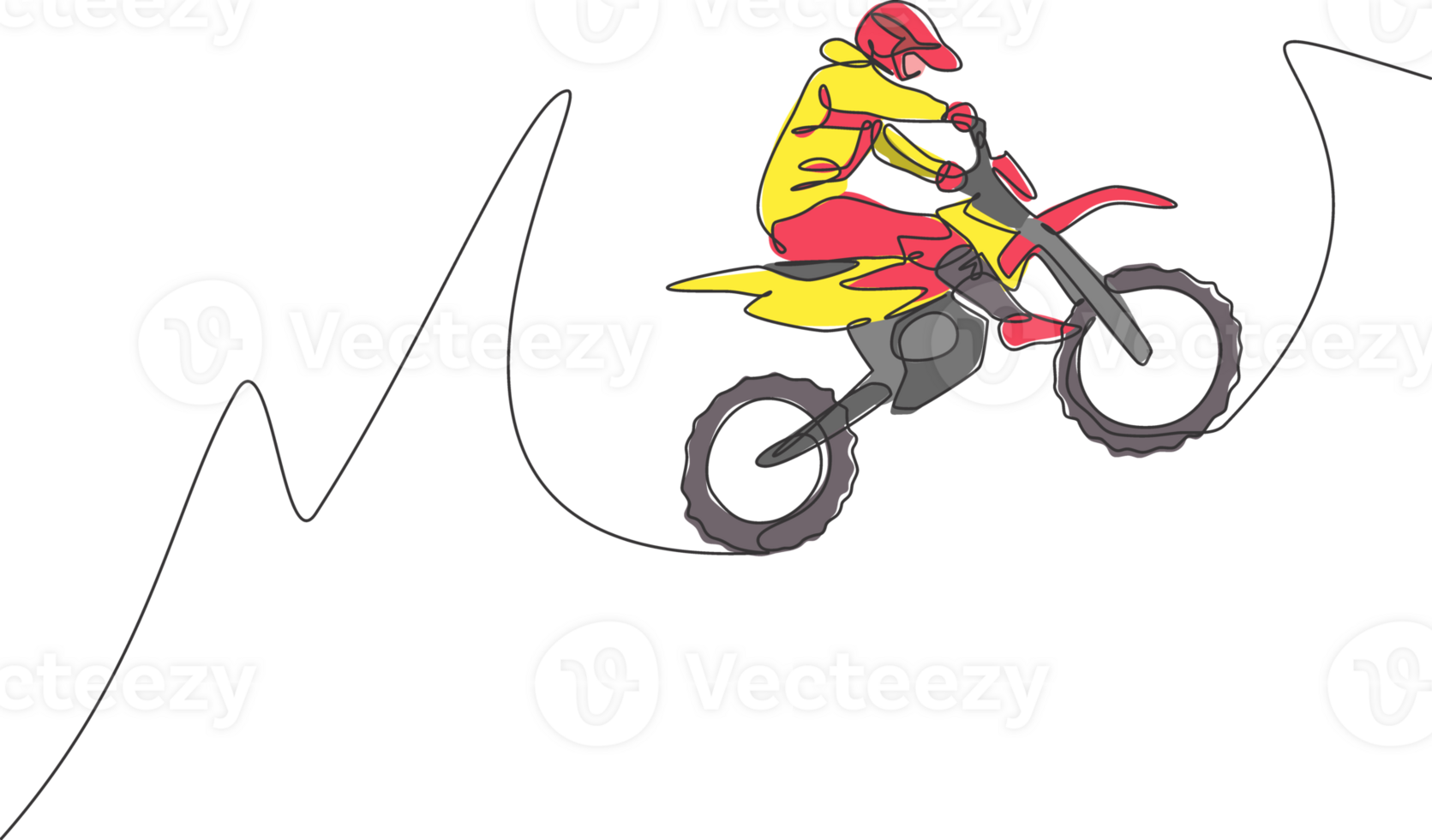 One continuous line drawing of young motocross rider jumping fly high into the air. Extreme sport concept. Dynamic single line draw design graphic illustration for motocross competition poster png