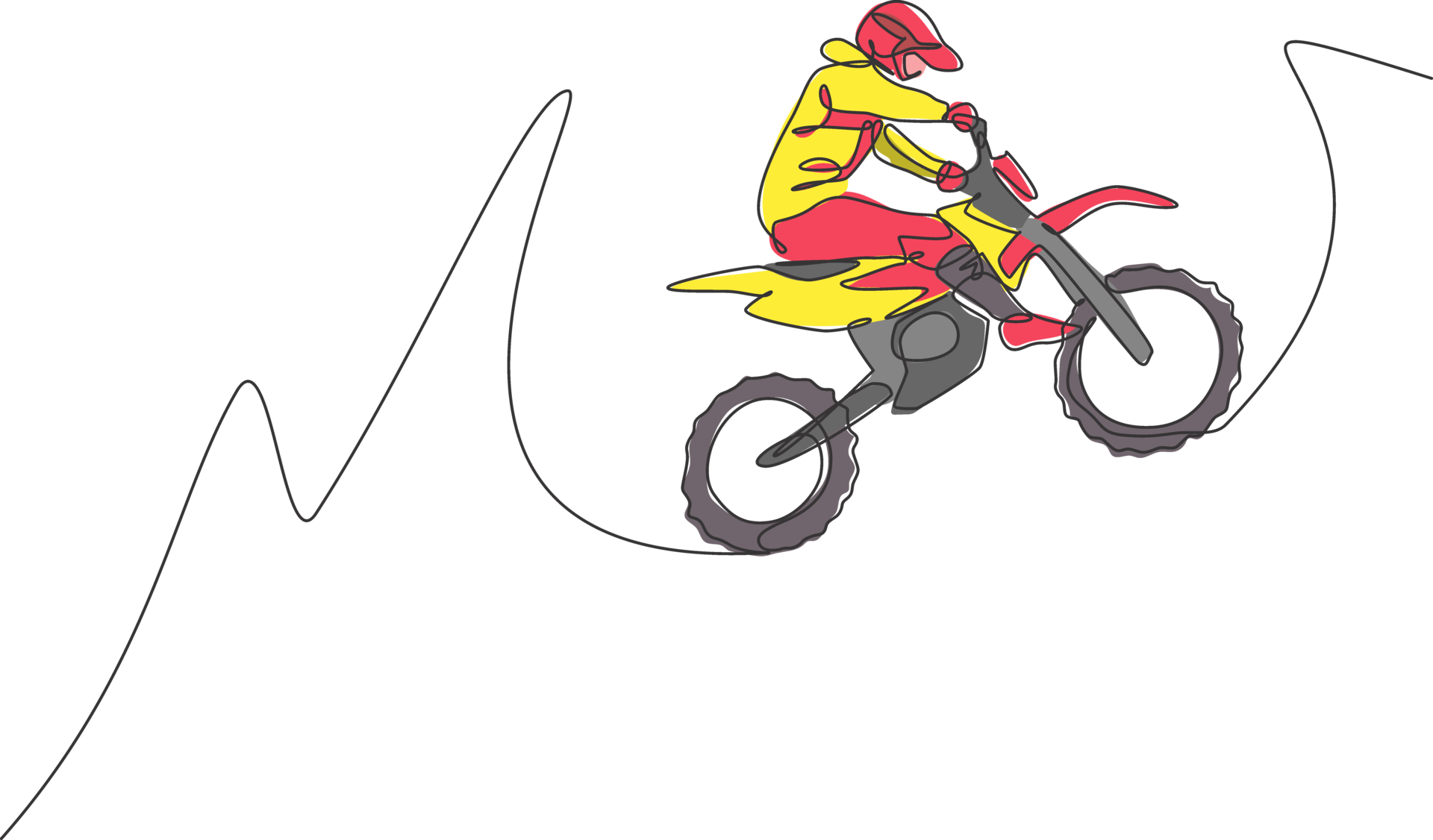 One continuous line drawing of young motocross rider jumping fly high