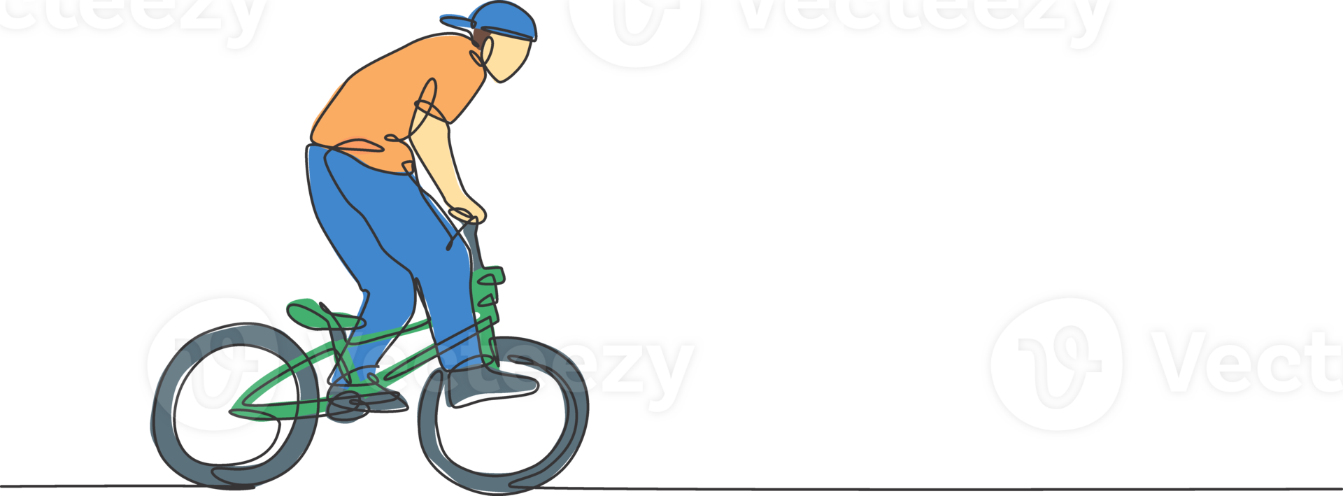One continuous line drawing of young BMX bicycle rider performing dangerous trick at skatepark. Extreme sport concept illustration. Dynamic single line draw design for event promotion poster png
