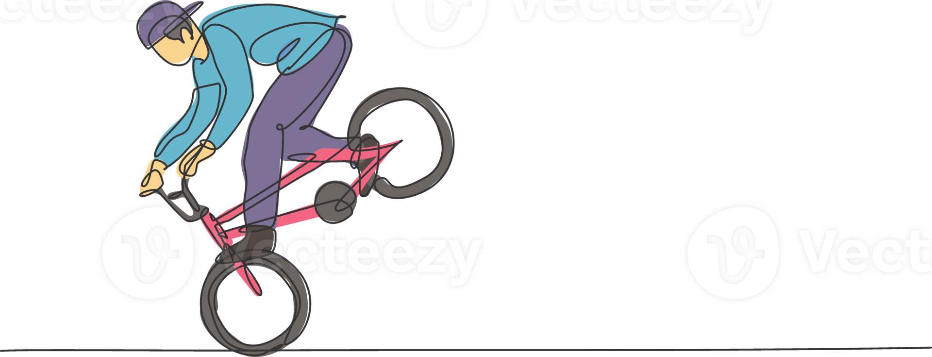 Single continuous line drawing of young BMX cycle rider show extreme risky trick in skatepark. BMX freestyle concept. Trendy one line draw design illustration for freestyle promotion media png