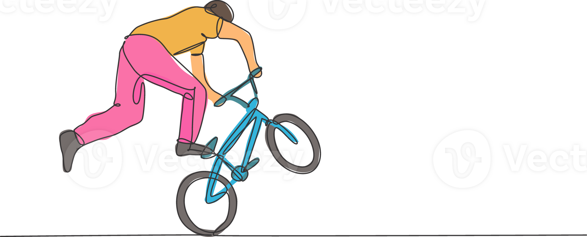 Single continuous line drawing of young BMX cycle rider show extreme risky trick in skatepark. BMX freestyle concept. Trendy one line draw design illustration for freestyle promotion media png