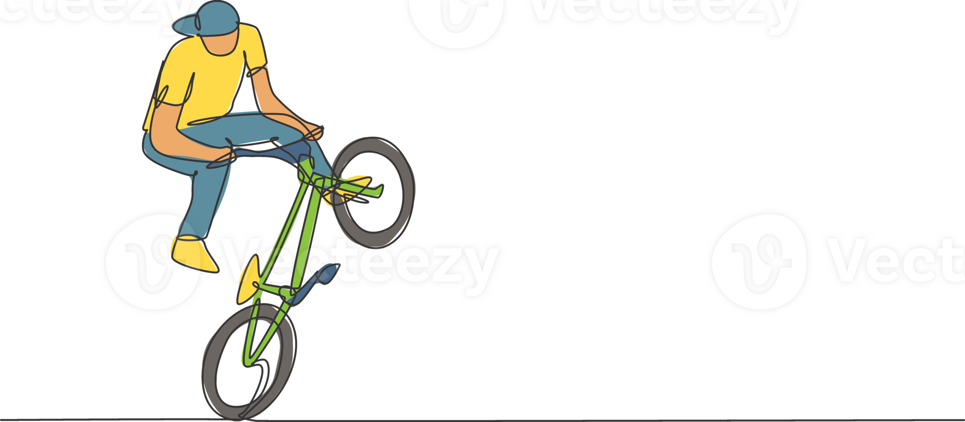 One continuous line drawing of young BMX bicycle rider performing dangerous trick at skatepark. Extreme sport concept illustration. Dynamic single line draw design for event promotion poster png