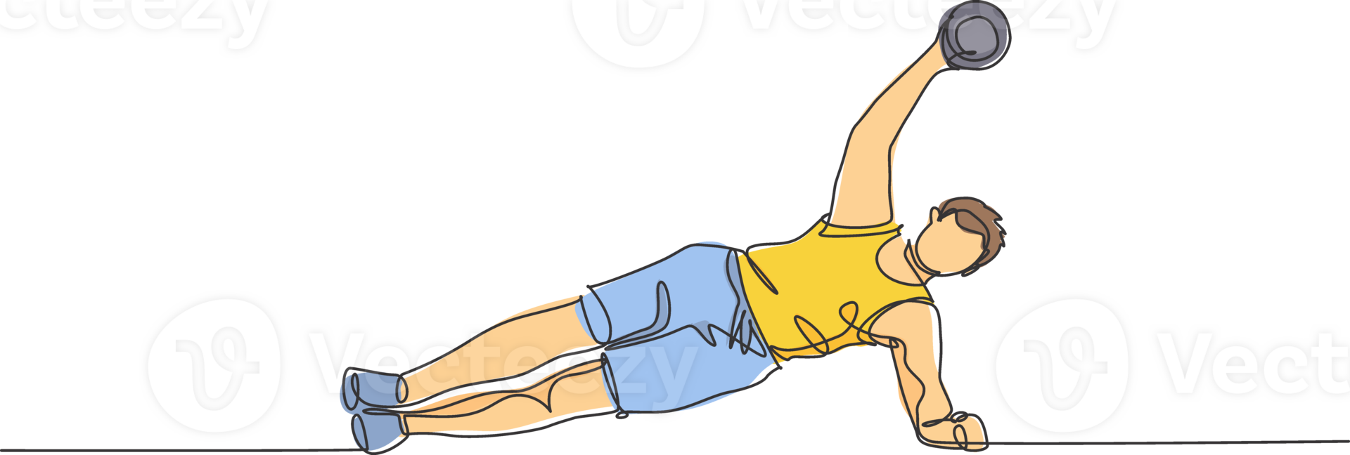 One single line drawing of young energetic man working out doing side plank with dumbbell in gym illustration. Fitness sport and healthy lifestyle concept. Modern continuous line draw design png