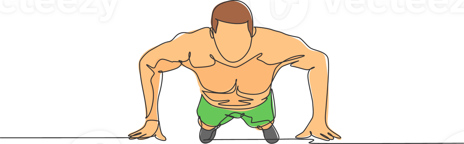 Single continuous line drawing of young sportive man training push up in sport gymnasium club center, front view. Fitness stretching concept. Trendy one line draw graphic design illustration png