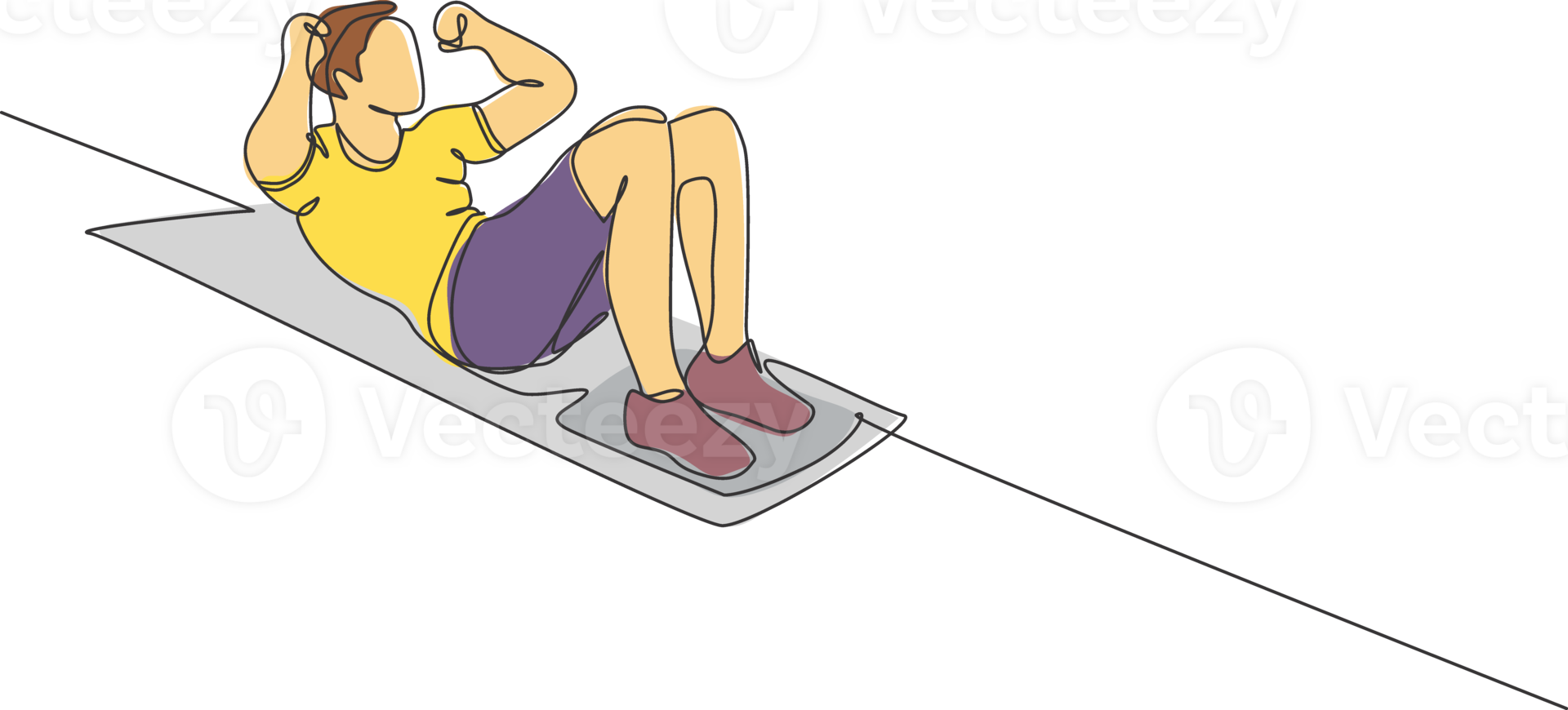 Single continuous line drawing of young happy man exercising doing sit up pose on the floor in sport center gym club. Sport training fitness concept. Trendy one line draw design illustration png