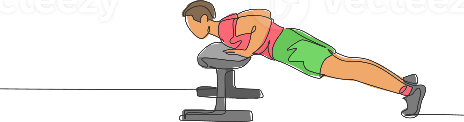 One single line drawing of young energetic man exercise push up with bench in gym fitness center graphic illustration. Healthy lifestyle sport concept. Modern continuous line draw design png