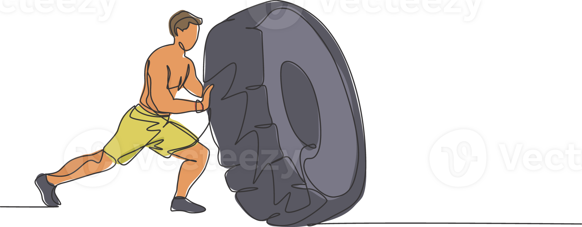 One continuous line drawing of young man training in fitness training gym. Healthy sport lifestyle concept. Stretching and work out. Dynamic single line draw design illustration graphic png