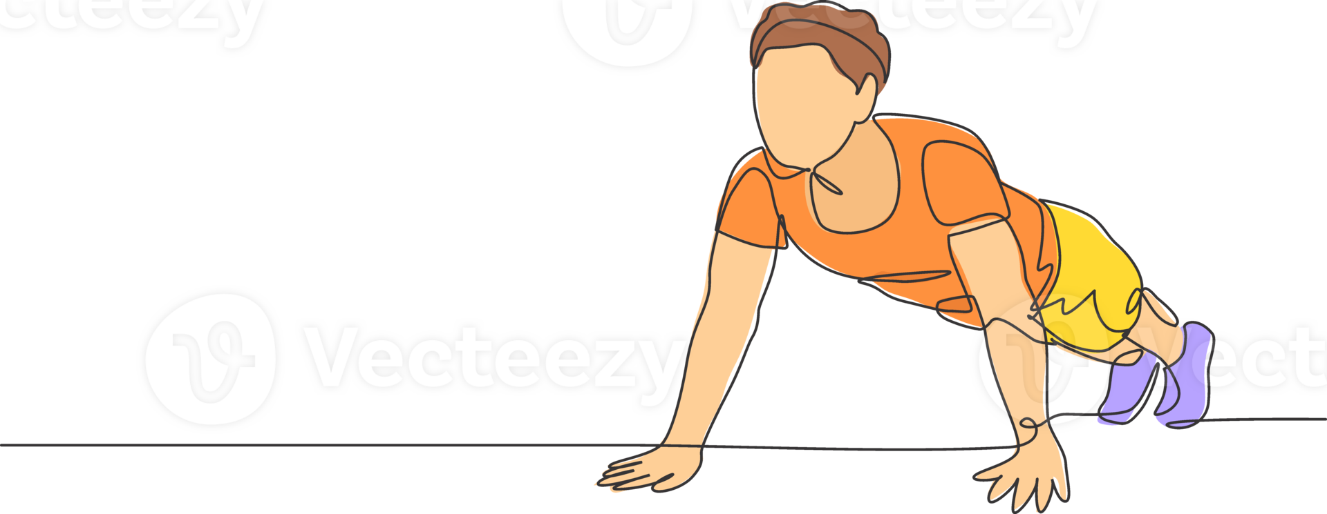 One continuous line drawing of young sporty man working out push up in fitness gym club center. Healthy fitness sport concept. Dynamic single line draw design graphic illustration png