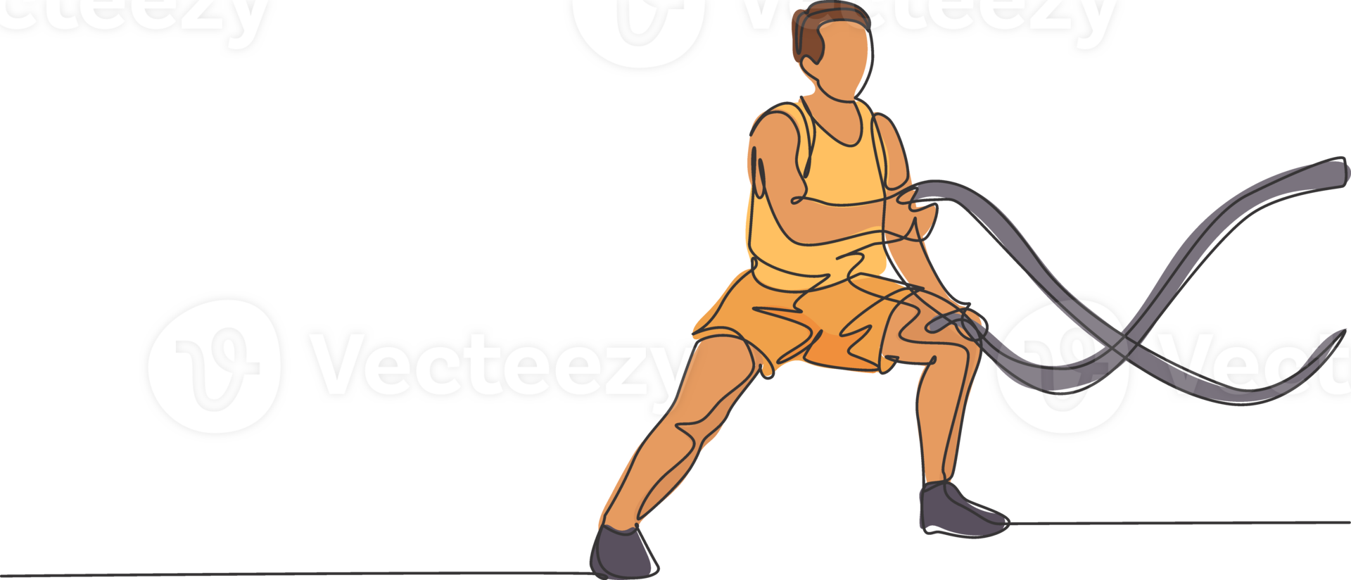 One single line drawing of young energetic man exercise on battle rope to train endurance in gym fitness center illustration. Healthy lifestyle sport concept. Modern continuous line draw design png