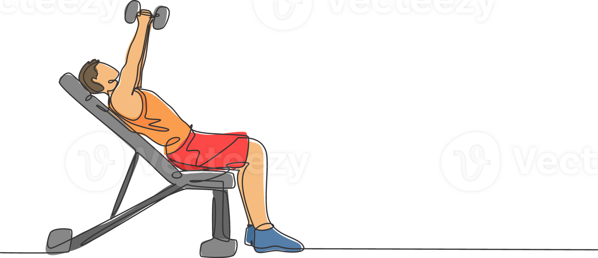One single line drawing of young energetic man exercise with bench press in gym fitness center graphic illustration. Healthy lifestyle sport concept. Modern continuous line draw design png