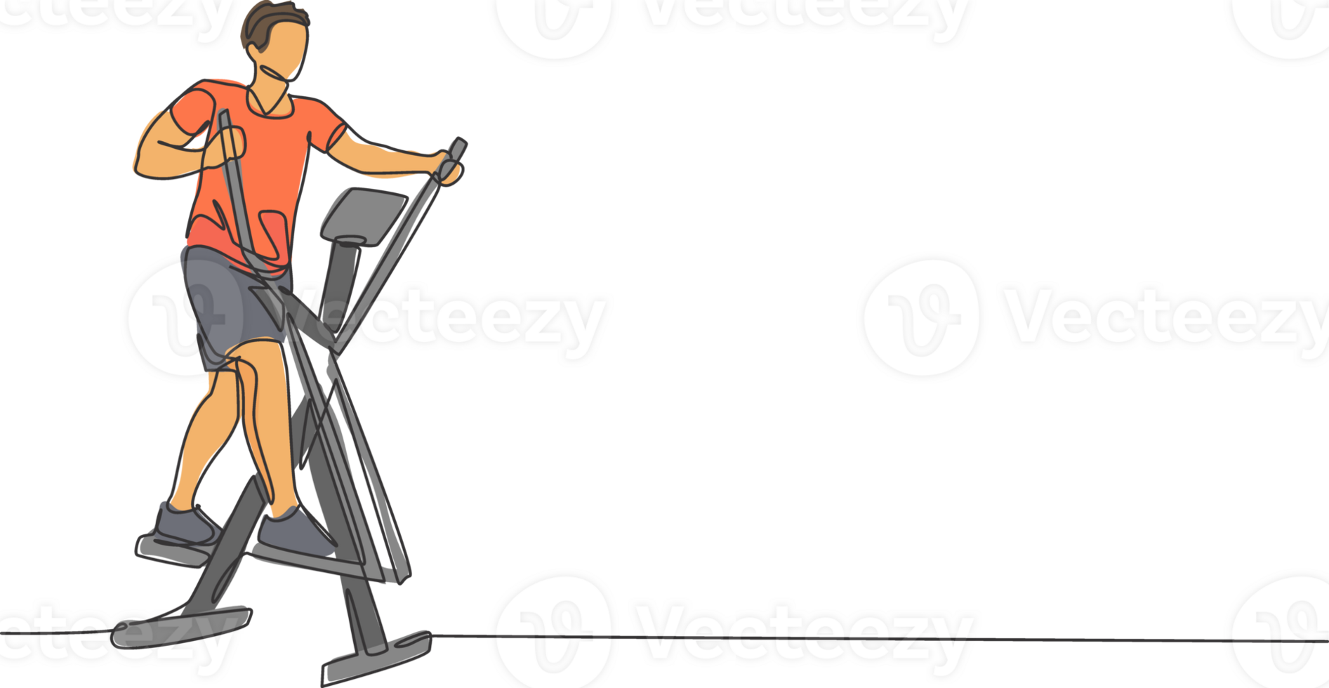 One continuous line drawing of young sporty man working out with elliptical cross in fitness gym club center. Healthy fitness sport concept. Dynamic single line draw graphic design illustration png