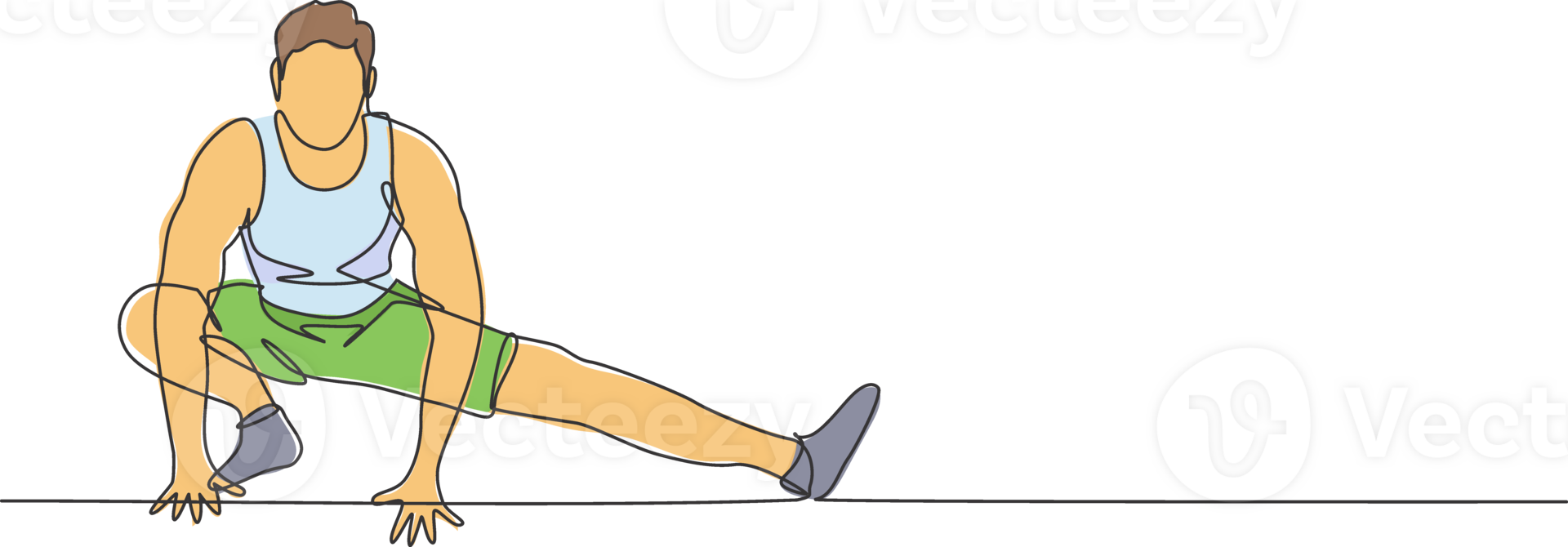 One continuous line drawing of young sporty man working out stretching his leg in fitness gym club center. Healthy fitness sport concept. Dynamic single line draw design illustration graphic png