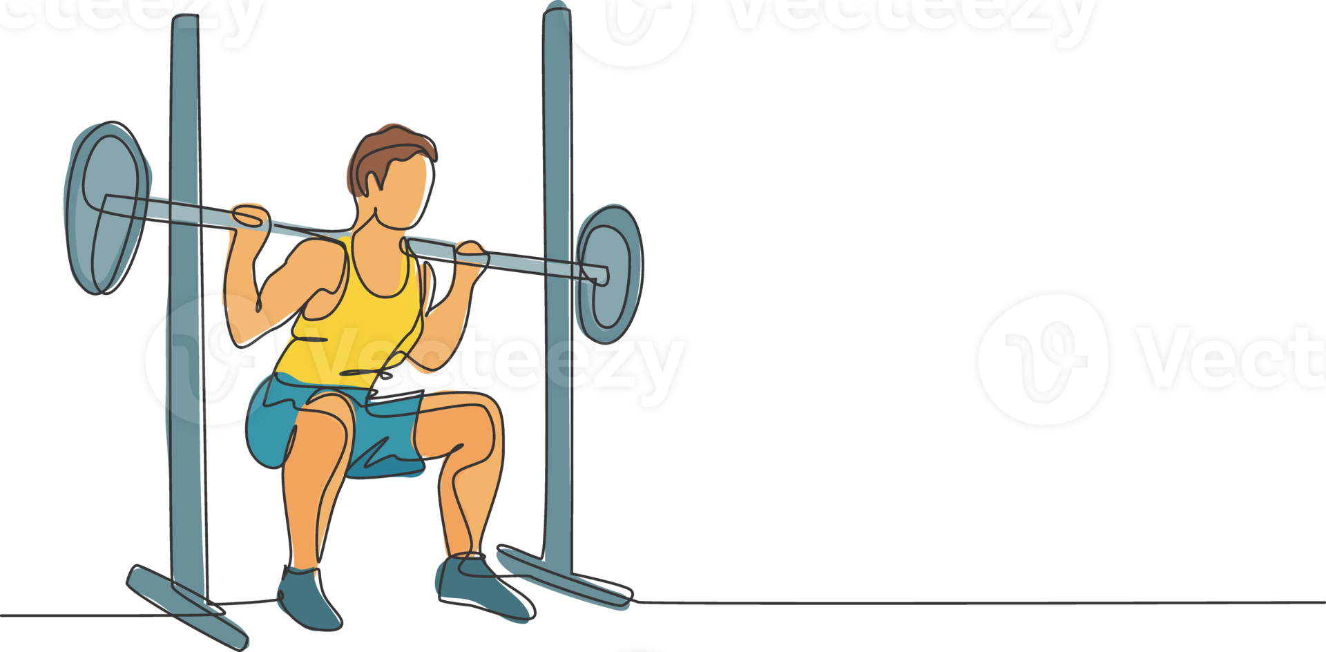 Single continuous line drawing of young sportive man train lifting barbell in sport gymnasium club center. Fitness stretching concept. Trendy one line draw design illustration graphic png