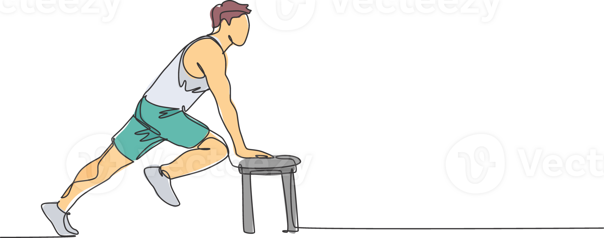 One single line drawing of young energetic man exercise stretching using bench in gym fitness center illustration graphic. Healthy lifestyle sport concept. Modern continuous line draw design png