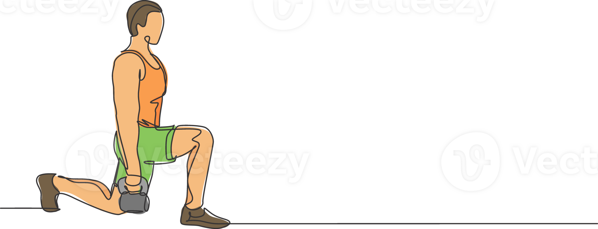Single continuous line drawing of young sportive man training up and down with kettlebell in sport gymnasium club center. Fitness stretching concept. Trendy one line draw design illustration png