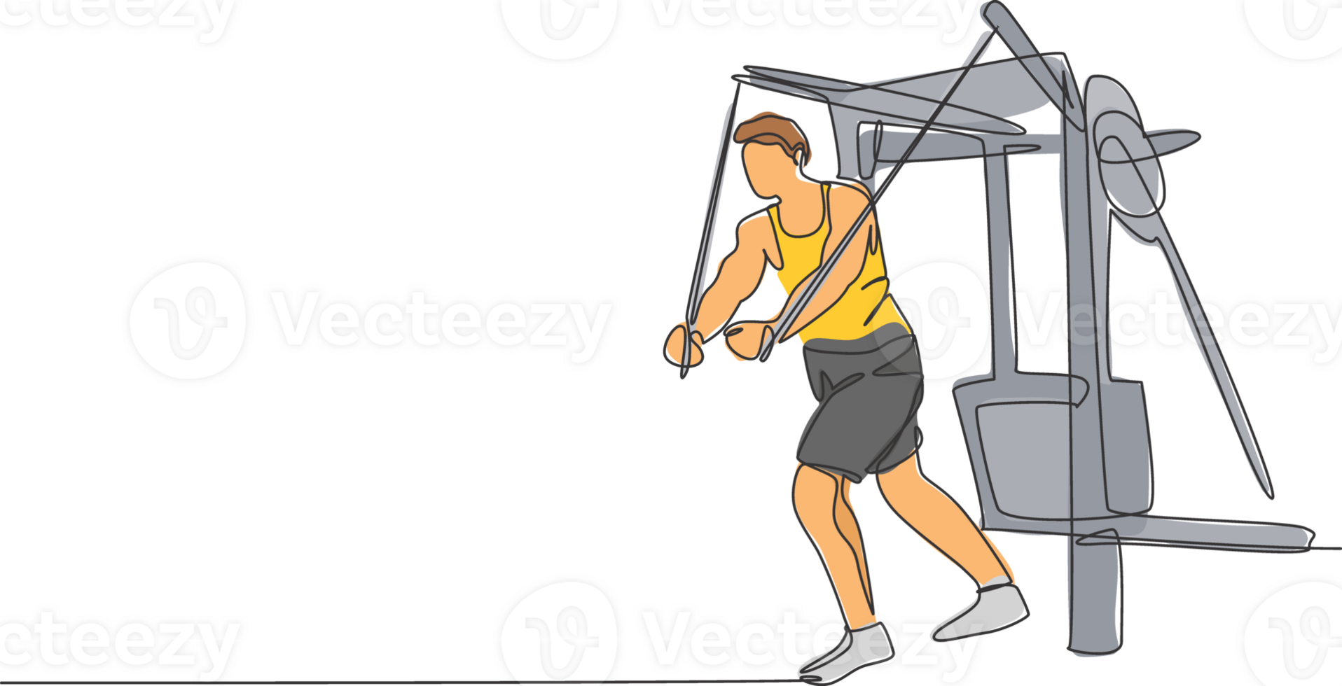 een doorlopend lijn tekening van jong sportief Mens werken uit met crossover kabel machine in geschiktheid Sportschool club centrum. gezond geschiktheid sport concept. dynamisch single lijn trek ontwerp illustratie png