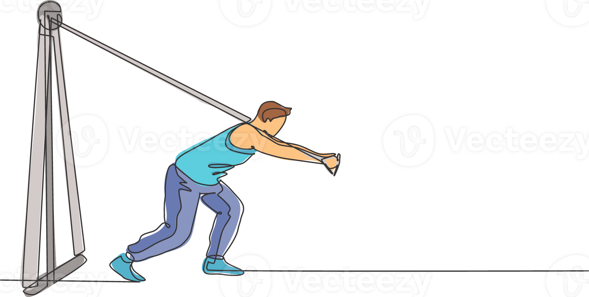 One continuous line drawing of young sporty man working out pull crossover cable machine in fitness gym club center. Healthy fitness sport concept. Dynamic single line draw design illustration png